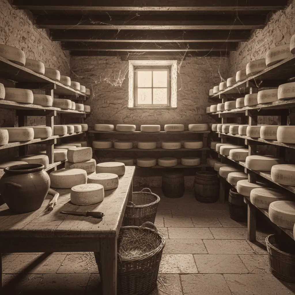 Vintage style photo of a traditional cheese cellar