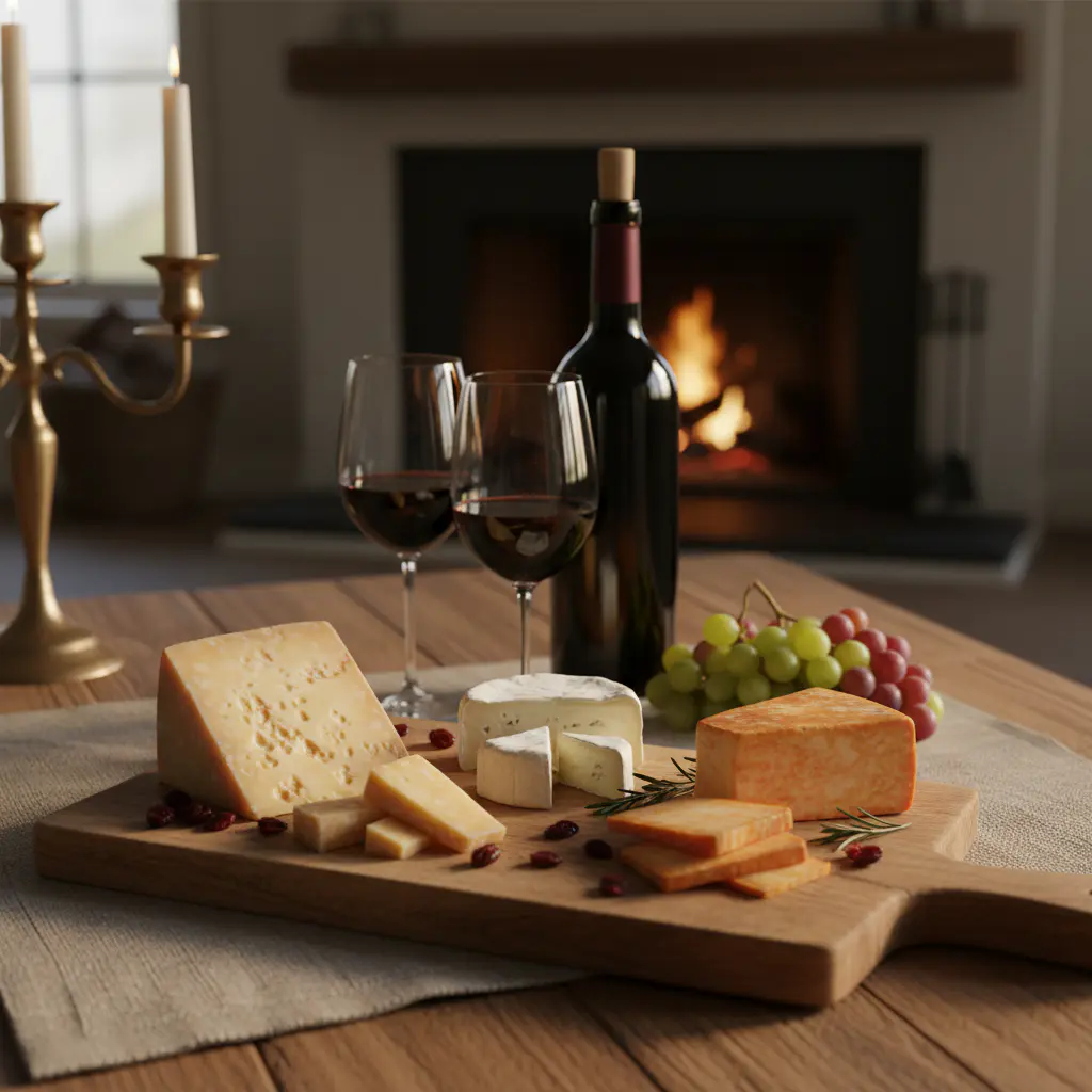 Rustic artisan cheese spread on a wooden table